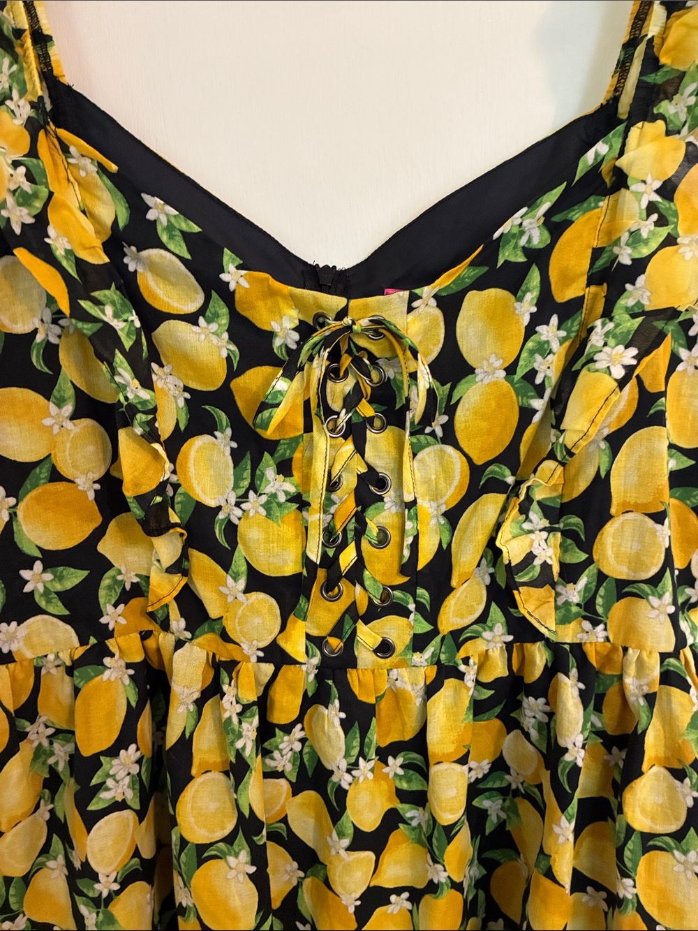 Betsey Johnson NWT Layla Lemon Mini Dress Sweetheart Lace-Up Ruffle Cotton - Picture 5 of 7